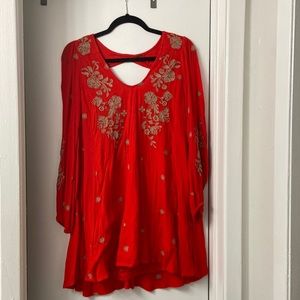 Small Free People red with taupe flower embroidery